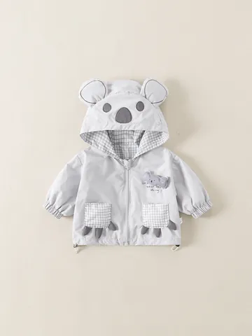 Linda Chaqueta Con Capucha De Koala Para Bebés Niños A Prueba De Viento Primavera Otoño Ropa De Abrigo Ligera Con Orejas 3D Bolsillos De Cuadros Abrigo Con Cremallera