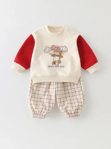 Completo Casual da Bambino in Cotone Felpa e Pantaloni a Quadri Ricamo Orsetto Patchwork Manica Lunga per Bambini