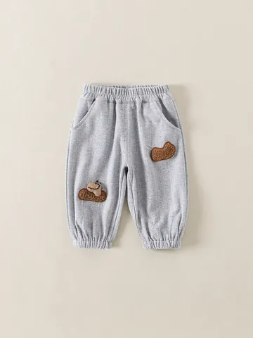 Pantaloni Jogger Casual Grigi da Ragazzo Con Toppa Dinosauro Cartone Animato Pantaloni Sportivi Vita Elastica Bambini