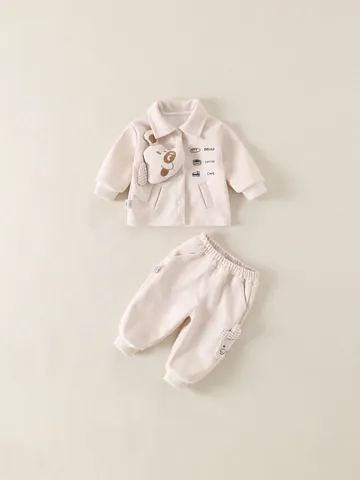 Kleinkind Baby Cartoon Hund 3D Deko Outfit Polyester Langarm Revers Jacke Und Karierte Hose Für Frühling Herbst Kleidung