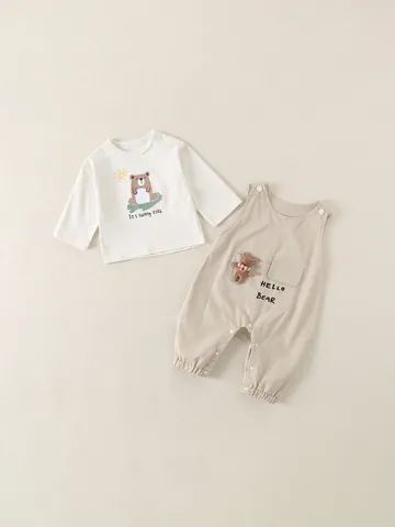 Cute Bear Overalls Long Sleeve T-Shirt And Suspender Pants For Baby Infant Soft Cotton Casual Daily Wear Clothing Outfit