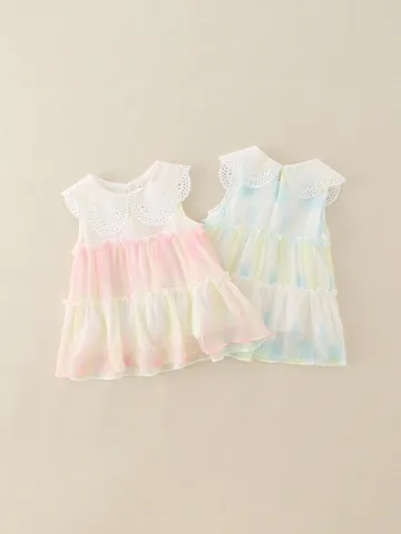 Mädchen Sommer Ärmellos Farbverlauf Stufenkleid Mit Stickerei Peter-Pan-Kragen Prinzessin Plissee Chiffon Optik Partykleid