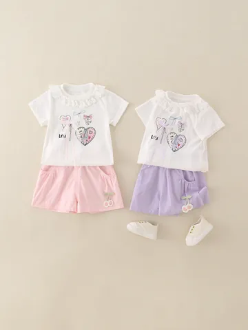Mädchen Sommer Bekleidungsset Spitzenkragen Kurzarm T-Shirt Und Shorts Mit Kirsch-Aufnäher Niedliches Herz Print Outfit Für Kleinkinder