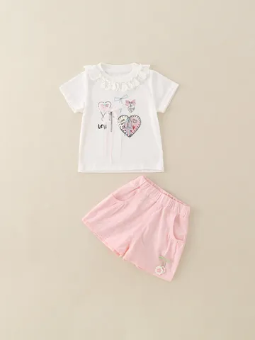 Mädchen Sommer Bekleidungsset Spitzenkragen Kurzarm T-Shirt Und Shorts Mit Kirsch-Aufnäher Niedliches Herz Print Outfit Für Kleinkinder
