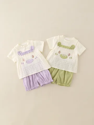 Kleinkind Mädchen Sommer Süß Cartoon Monster Kurzarm T-Shirt Und Rüschenshorts Zweiteiliges Set Baumwolle Atmungsaktiv Casual Outfit