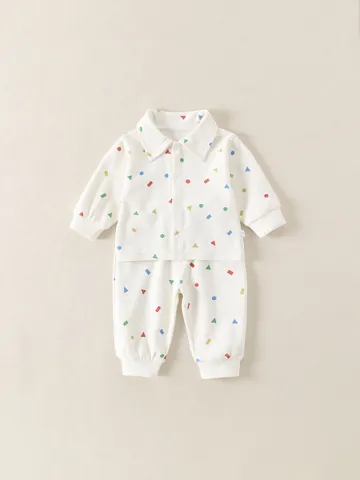 Unisex Baby Toddler Long Sleeve Shirt And Pants Set Cotton Geometric Print Waffle Texture Casual Home Wear Outfit Clothes