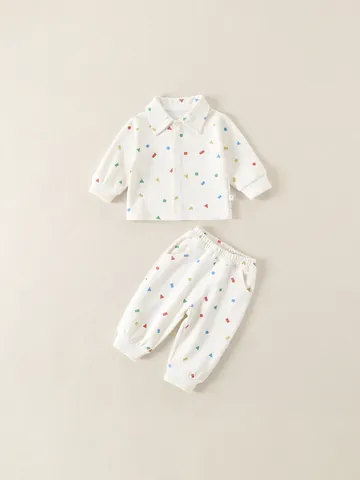 Unisex Baby Toddler Long Sleeve Shirt And Pants Set Cotton Geometric Print Waffle Texture Casual Home Wear Outfit Clothes
