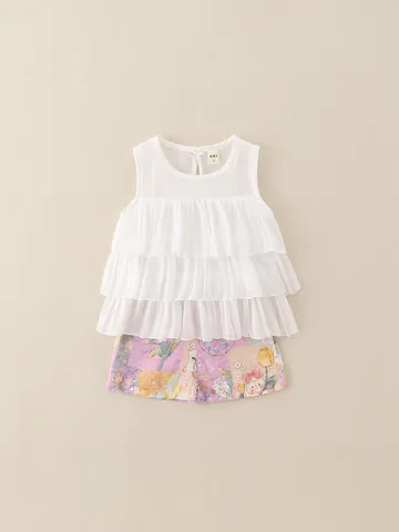 Meisjes Zomer Kleding Set Wit Ruffle Mouwloos Chiffon Vest Top En Bloemen Print Shorts Zoete Prinses Outfit Voor Peuters Kinderen