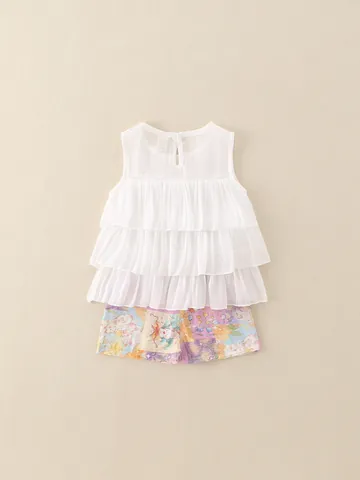 Meisjes Zomer Kleding Set Wit Ruffle Mouwloos Chiffon Vest Top En Bloemen Print Shorts Zoete Prinses Outfit Voor Peuters Kinderen