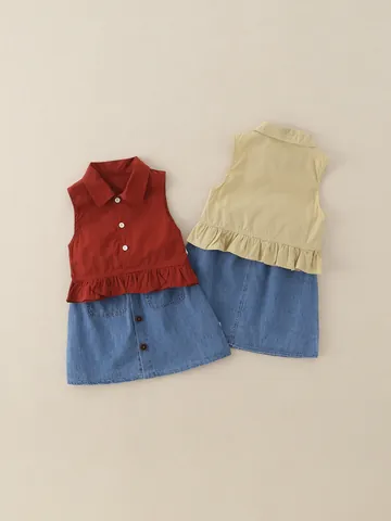 Mädchen Sommer 2-Teiliges Set Ärmelloses Rüschen Oberteil Und Denim Rock Lässige Baumwollmischung Kinder Outfits