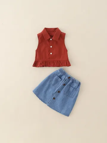 Mädchen Sommer 2-Teiliges Set Ärmelloses Rüschen Oberteil Und Denim Rock Lässige Baumwollmischung Kinder Outfits