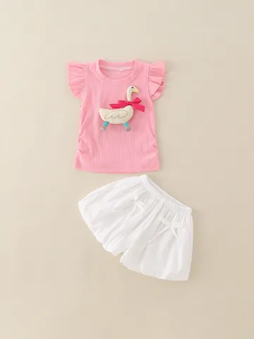 Kleinkind Mädchen Sommer Rippstrick Volantärmel Top und Bubble Shorts Set Mit Süßem Schwanen-Patch Baumwolle Casual Outfit