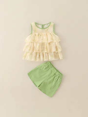 Girls Summer Floral Ruffle Sleeveless Top And Green Shorts Set Korean Style Lightweight Breathable Casual Two Piece Outfit For Toddler Kids