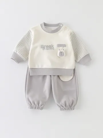 Toddler Infant Baby Boy Clothes Striped Long Sleeve Sweatshirt And Jogger Pants Outfit With Cartoon Bear Patchwork