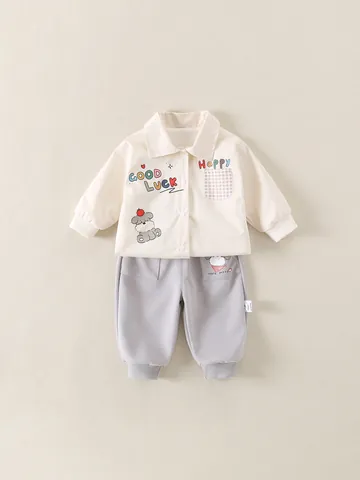 Tenue Décontractée en Coton pour Garçons Chiot de Dessin Animé Veste À Boutonnage Simple Et Pantalon Long Printemps Automne Enfants