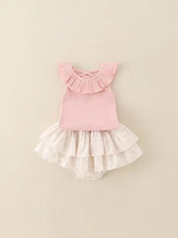 Baby Girls Summer Romper Dress Set Pink Ruffle Collar Ribbed Top Floral Layered Princess Outfit For Infant Toddler