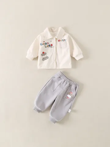 Tenue Décontractée en Coton pour Garçons Chiot de Dessin Animé Veste À Boutonnage Simple Et Pantalon Long Printemps Automne Enfants