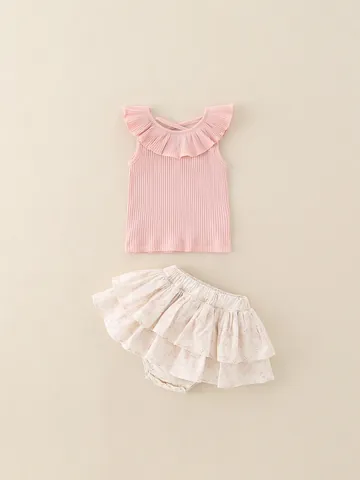 Baby Girls Summer Romper Dress Set Pink Ruffle Collar Ribbed Top Floral Layered Princess Outfit For Infant Toddler