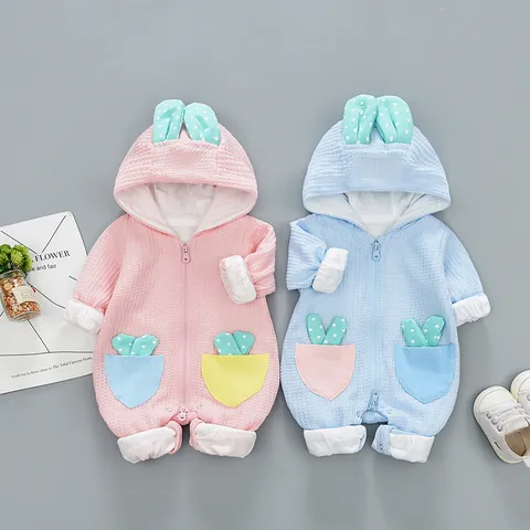 Baby Kapuzen-Strampler Hasenohr Jumpsuit Waffelstrick Baumwollmischung Langarm Reißverschluss Kleinkind Frühling Herbst Kleidung