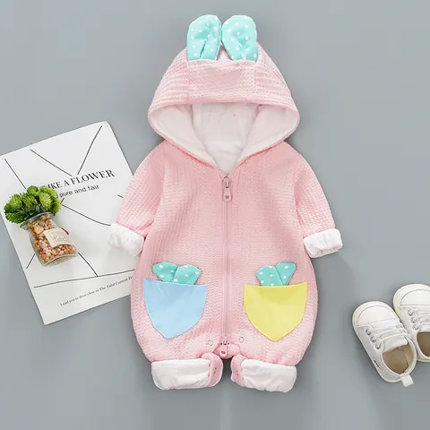 Baby Kapuzen-Strampler Hasenohr Jumpsuit Waffelstrick Baumwollmischung Langarm Reißverschluss Kleinkind Frühling Herbst Kleidung