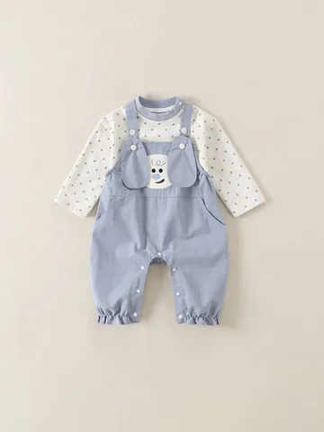 Kleinkind Kinder Gekämmte Baumwolle Langarm Punkte Top Und 3D Welpen Ohren Hosenträger Hose Outfit Herbst Winter Baby Kleidung