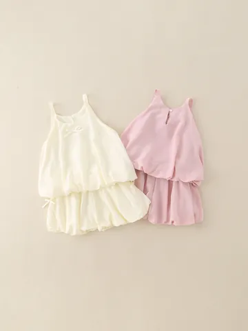Conjunto de Ropa de Verano para Niñas Pequeñas Bebé Camisola Top y Pantalones Cortos Bombachos Conjunto de Dos Piezas Rosa Marfil Color Sólido Decoración de Lazo Atuendo Sin Mangas Transpirable