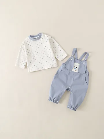 Kleinkind Kinder Gekämmte Baumwolle Langarm Punkte Top Und 3D Welpen Ohren Hosenträger Hose Outfit Herbst Winter Baby Kleidung