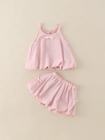 Conjunto de Ropa de Verano para Niñas Pequeñas Bebé Camisola Top y Pantalones Cortos Bombachos Conjunto de Dos Piezas Rosa Marfil Color Sólido Decoración de Lazo Atuendo Sin Mangas Transpirable