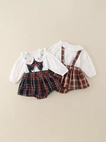 Baby Mädchen JK Preppy Stil Bekleidungsset Weiß Langarm Besticktes Hemd Und Karierter Hosenträgerrock Zweiteiler Outfit