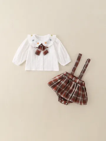 Baby Mädchen JK Preppy Stil Bekleidungsset Weiß Langarm Besticktes Hemd Und Karierter Hosenträgerrock Zweiteiler Outfit