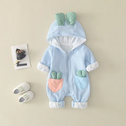 Cute Baby Romper Waffle Knit Hooded Bodysuit Cactus Decor Rabbit Ears Long Sleeve Jumpsuit For Infants Newborn Boys Girls