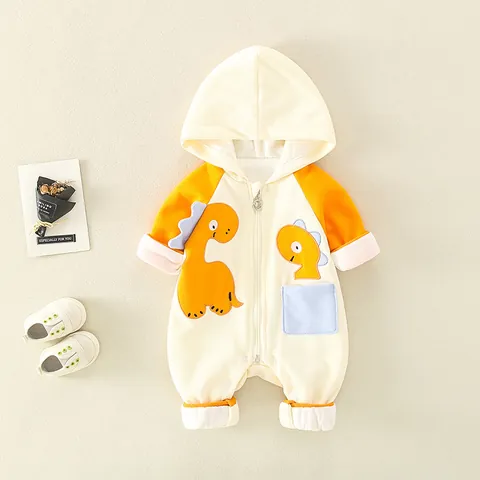 Baby Cotton Cartoon Dinosaur Hooded Romper Long Sleeve Zip Up Jumpsuit For Newborn Infant Toddler Boy Girl Casual Outfit