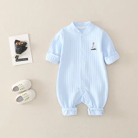 Baby Romper 95% Cotton Waffle Knit Long Sleeve Jumpsuit Sailboat Embroidery Spring Autumn Infant One-Piece Housewear