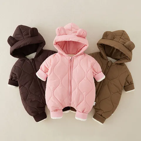 Baby Winter Hooded Romper Quilted Padded Jumpsuit With Bear Ears Warm Fleece Newborn Outing Clothes Infant Long Sleeve Jumpsuit