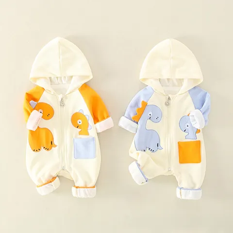 Baby Cotton Cartoon Dinosaur Hooded Romper Long Sleeve Zip Up Jumpsuit For Newborn Infant Toddler Boy Girl Casual Outfit