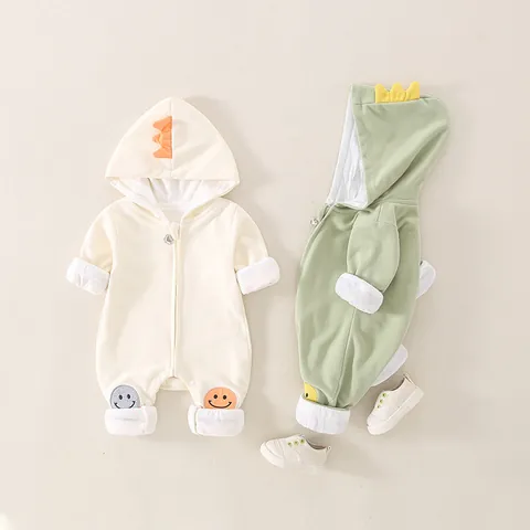 Baby Romper Pure Cotton Long Sleeve Jumpsuit Dinosaur Hooded Smiley Patch Zipper Crawl Suit For Infants Boys Girls
