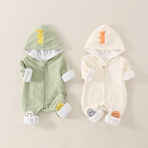 Baby Romper Pure Cotton Long Sleeve Jumpsuit Dinosaur Hooded Smiley Patch Zipper Crawl Suit For Infants Boys Girls