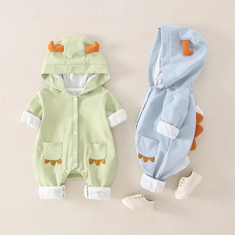 Newborn Baby Dinosaur Hooded Romper Cotton Long Sleeve Jumpsuit Cute Cartoon Animal Pattern Outwear Infants Spring