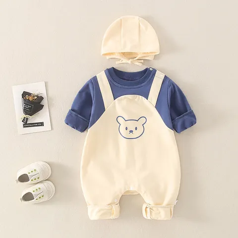 Baby Jungen Mädchen Baumwolle Falscher Zweiteiler Strampler Langarm Jumpsuit Mit Haube Cartoon Bär Druck Frühling Herbst Kleidung