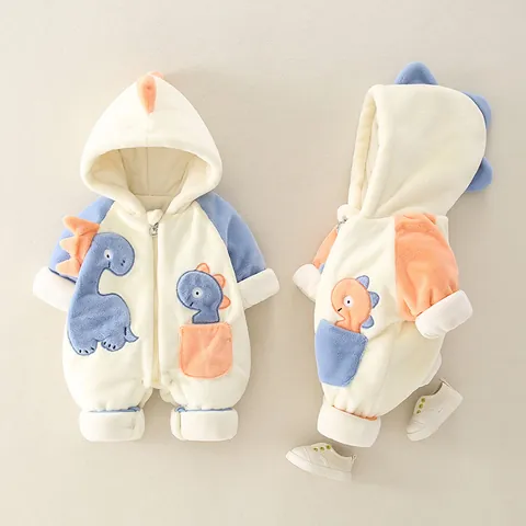 Cute Cartoon Dinosaur Baby Fleece Romper Winter Thickened Hooded Jumpsuit For Newborn Boys Girls Outdoor Warm Clothing