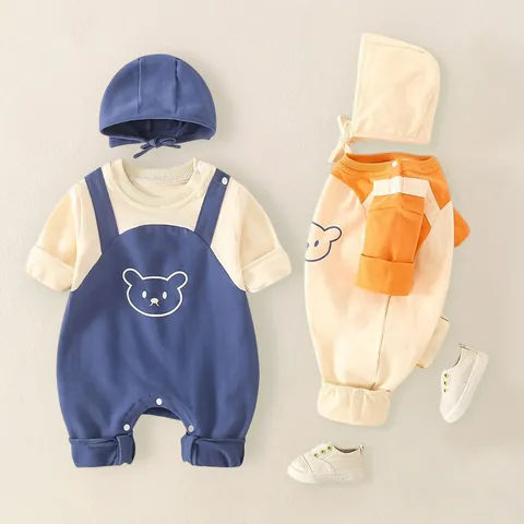Tutina Con Cappuccio a Maniche Lunghe e Cappello per Neonato in Cotone con Stampa Orso Pagliaccetto Autunno Primavera Pigiama Abbigliamento Casual
