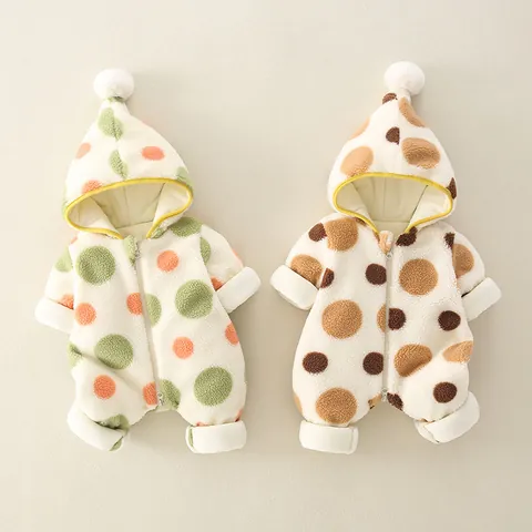 Baby Winter Gefütterter Strampler Sherpa-Fleece Dick Warm Jumpsuit Mit Bommel Kapuze Bunte Punkte Außenbekleidung Jungen Mädchen Kleidung