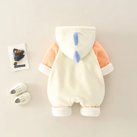 Cute Cartoon Dinosaur Baby Fleece Romper Winter Thickened Hooded Jumpsuit For Newborn Boys Girls Outdoor Warm Clothing