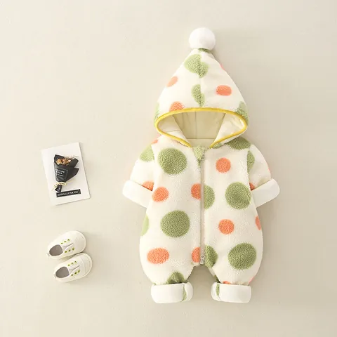 Baby Winter Gefütterter Strampler Sherpa-Fleece Dick Warm Jumpsuit Mit Bommel Kapuze Bunte Punkte Außenbekleidung Jungen Mädchen Kleidung