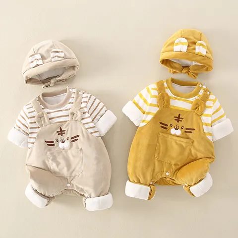Cartoon Tiger Baby Romper Thickened Padded Cotton Corduroy Jumpsuit Winter Warm Hooded Outerwear With Ears For Infants