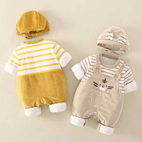 Cartoon Tiger Baby Romper Thickened Padded Cotton Corduroy Jumpsuit Winter Warm Hooded Outerwear With Ears For Infants