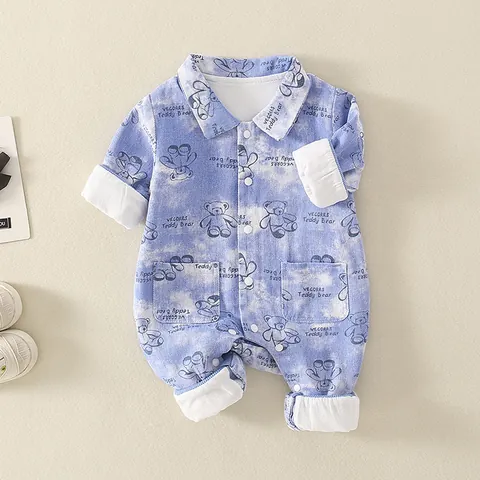 Tutina Neonato in Cotone Classe A Manica Lunga Tie Dye Stampa Orsetto Pagliaccetto Revers Bottoni Casual Primavera Autunno