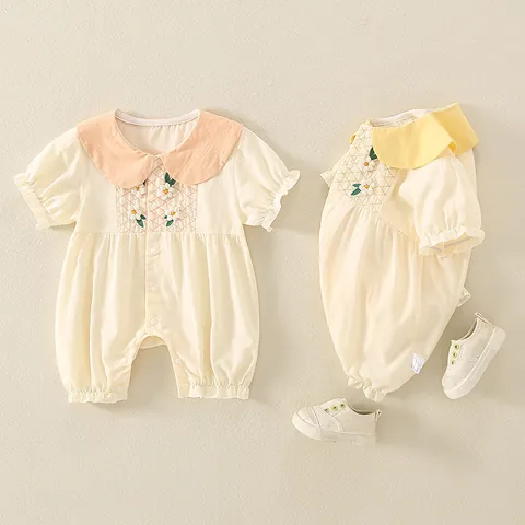 Baby Mädchen Sommer Baumwolle Strampler Peter-Pan-Kragen Kurzarm Body Mit Gänseblümchen Stickerei Smocking Für Kleinkinder
