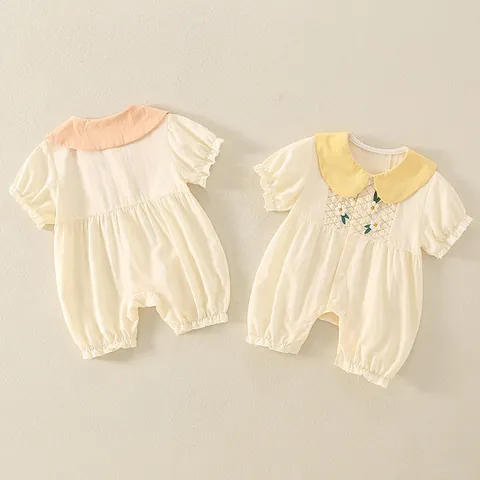 Baby Mädchen Sommer Baumwolle Strampler Peter-Pan-Kragen Kurzarm Body Mit Gänseblümchen Stickerei Smocking Für Kleinkinder