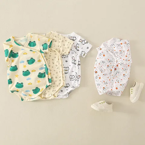 Summer Baby Short Sleeve Romper Cute Cartoon Print Cotton Jumpsuit For Newborn Infant Class A Soft Breathable Clothing